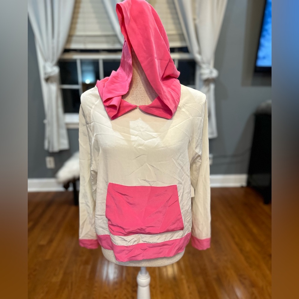 Shug pink and white silk hooded Madison blouse